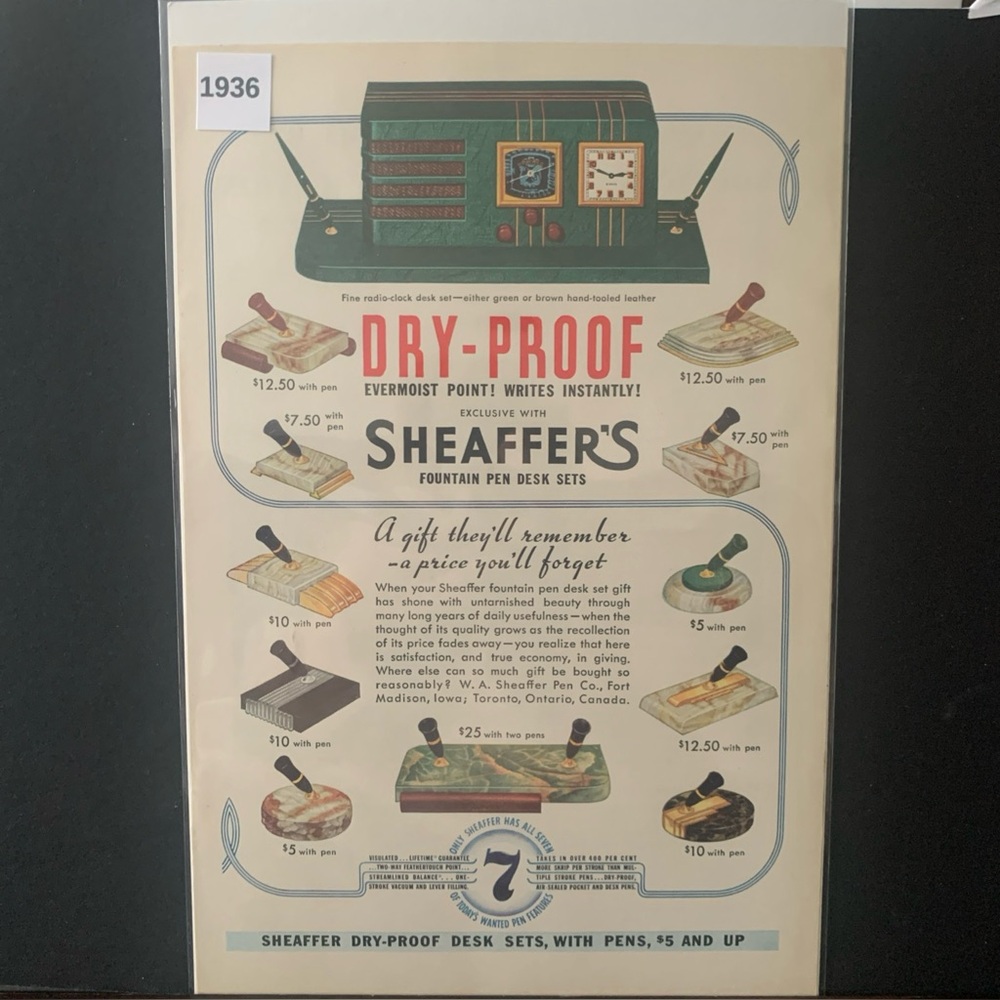 Vintage 1936 Sheaffer's Fountain Pen Desk Set Ad Advertisement